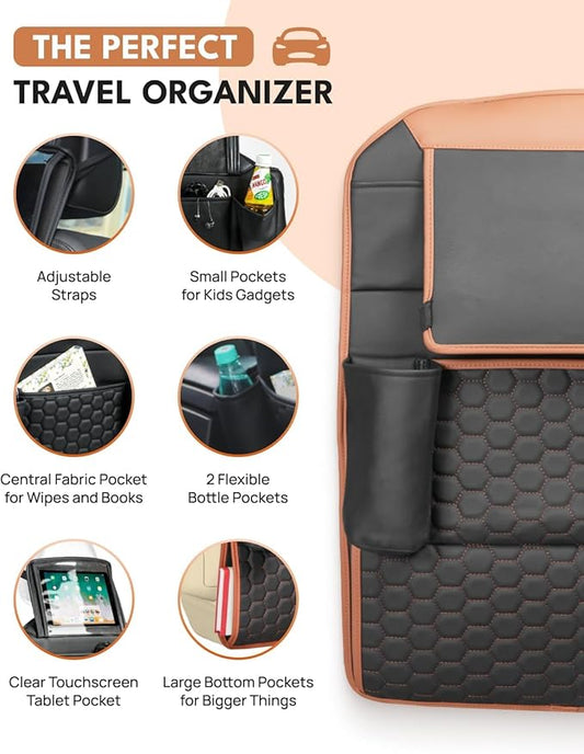 Owleys Back of Seat Organizer for Kids | Car Storage Caddy – 8 Pockets + Transparent Tablet Holder | Waterproof Eco-Leather | 27.5' x 18.5' | Brown+Black