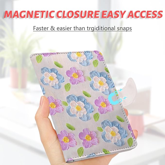 Passport Holder, Travel Wallet Cover with Pen Loop | Cute RFID Blocking Leather Case with Magnetic Closure for Travel Essentials-Flower