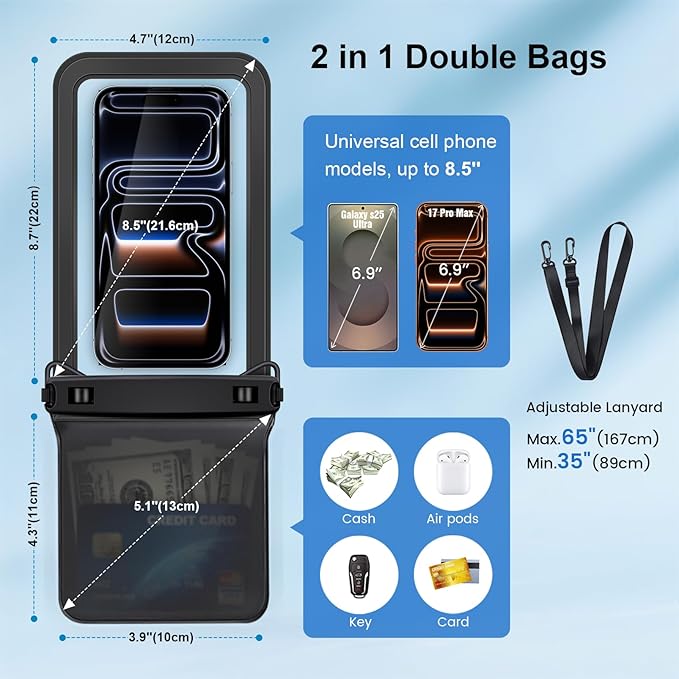 Waterproof Phone Pouch, [Up to 8.5''] Double Space Waterproof Phone Case with Lanyard for iPhone 17 16 15 Pro Max Galaxy S25 Ultra Pixel 10 Pro, Cellphone Dry Bag for Beach Vacation, 2 Pack