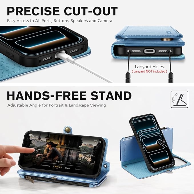 TUCCH Crossbody Detachable Wallet Case for iPhone 17 Pro Max, 10 Card Slots RFID Blocking | Wireless Charging | Wrist Strap Lanyard | Stand | Zipper Pocket | PU Leather Phone Cover | Pearly Light Blue