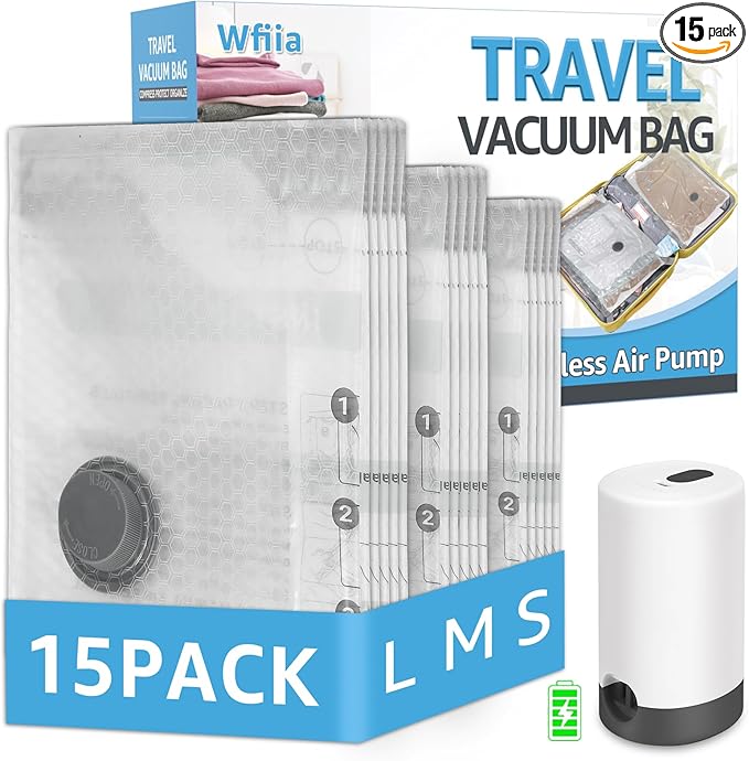 Vacuum Bags for Travel with Rechargeable Pump, 15 Packs of 3 Sizes Vacuum Seal Bags for Clothing, Space-Saving Compression Vacuum Travel Bags for Luggage, Vacuum Packing Bags for Closet Organization