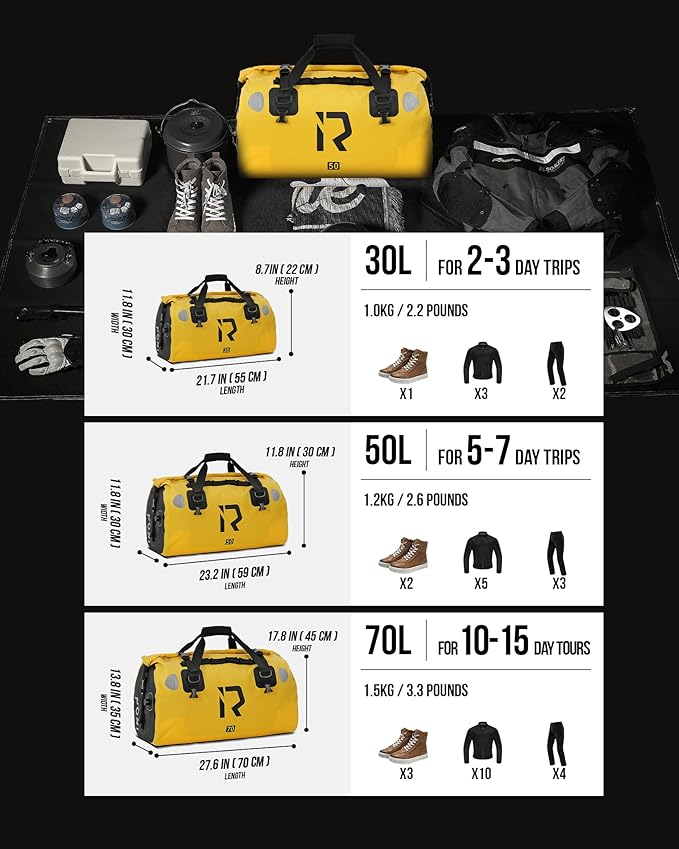 BORLENI Waterproof Motorcycle Dry Duffel Bag Luggage Tail Bag with Large Storage Space,Roll Top Closure, Shoulder Straps, Inner Pocket and Mesh Pocket for Motorcycling Travel Camping(Yellow,30L)