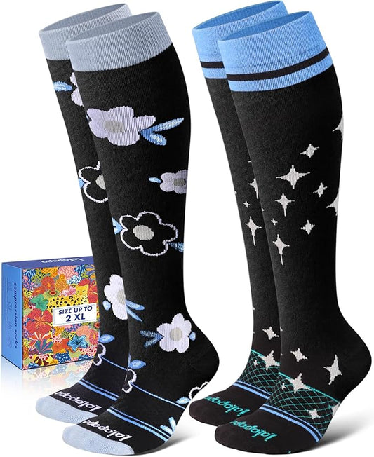 Cotton Compression Socks for Women Men - 2 Pairs 20-30mmHg Circulation Grid Arch Support Socks, Breathable