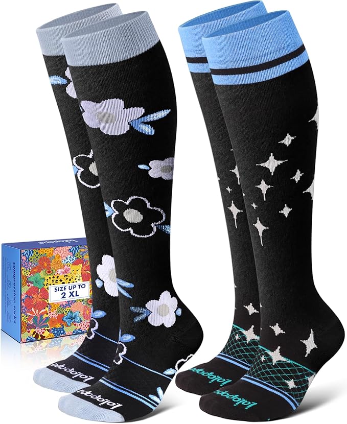 Cotton Compression Socks for Women Men - 2 Pairs 20-30mmHg Circulation Grid Arch Support Socks, Breathable