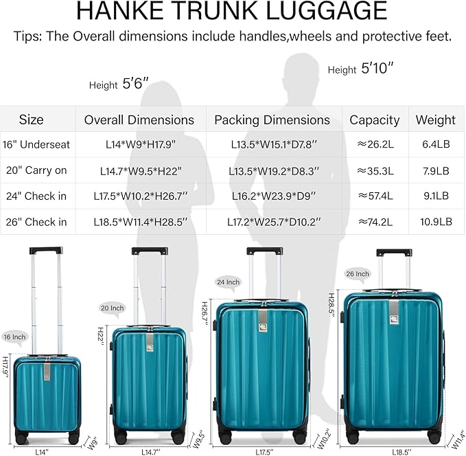 Hanke 26 Inch Large Luggage Hard Shell Top Opening Aluminum Frame Hardside Suitcase with Spinner Wheels, Checked Luggage for Men & Women Travel, Caribbean Blue