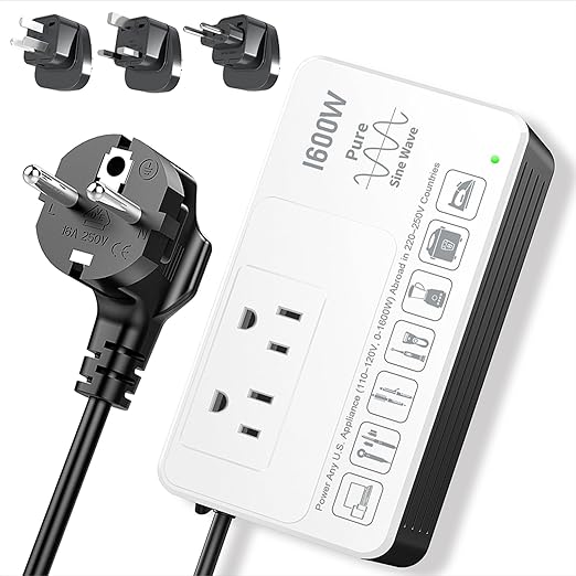 1600W 220V to 110V Voltage Converter, Universal Power Plug Adapter Voltage Converter US to Europe International Travel, Power Any American Appliances in 220-250V, Plug & Play, No Limitations