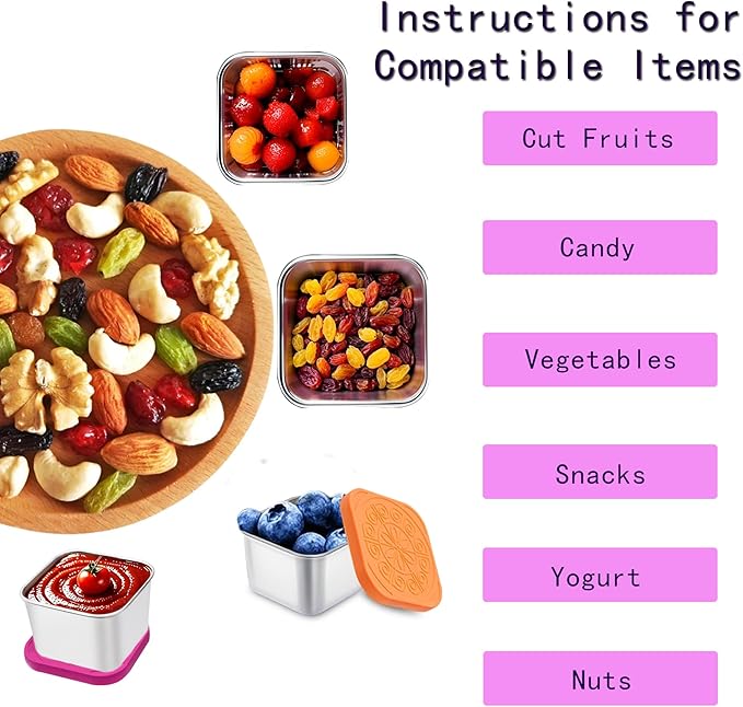 sagact 304 Premium Stainless Steel Snack Containers with Silicone Lids, Snackle Box Containers, Easy-Open Leak-Proof Kids for Taking Out for a Picnic, Lunch Box and Travel. (All-6, 2 OZ)