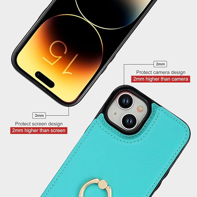 Folosu Compatible with iPhone 15 Case Wallet with Card Holder, 360°Rotation Finger Ring Holder Kickstand, RFID Blocking Leather Protective Double Buttons Shockproof Cover 6.1 Inch Green