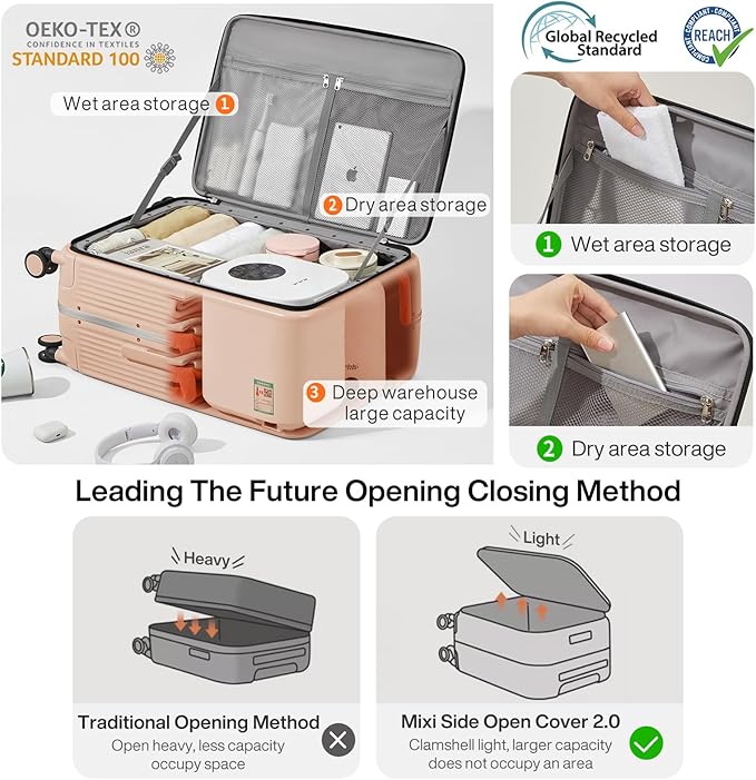 mixi Large Checked Luggage with Cup Phone Holder and Charger Hard Shell Suitcases with Spinner Wheels, 24 Inch Light Pink