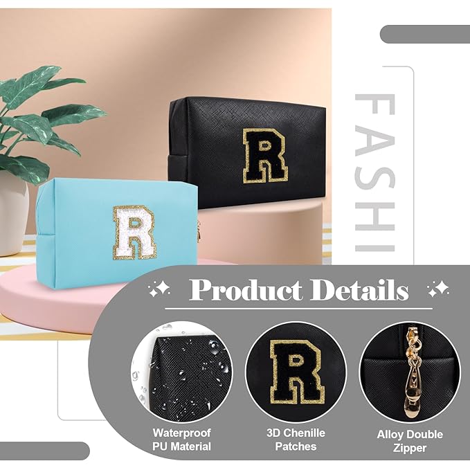 Personalized Initial A-Z Preppy Patch Makeup Bag,Small PU Chenille Letter Cosmetic Bag with Zipper for Teen Girls,Black Cute Toiletry Organizer Bag,Monogram Makeup Case Gift for Women Girls,Letter R