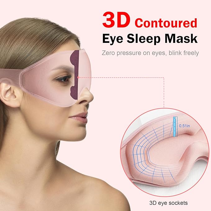 3D Sleep Mask with Earplugs, 100% Light Blackout Eye Mask for Sleep, Washable Sleeping Mask, 0 Pressure Eye Covers for Sleep with Wider Adjustable Strap, Only 1.3oz Light Soft Sleeping Mask (Pink)