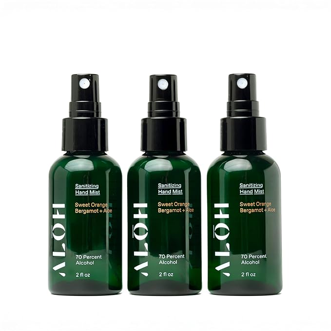 ALOH Hand Sanitizer Spray Liquid 3-pack | Sweet Orange Bergamot + Aloe | 70% Alcohol Hydrating Hand Sanitizer Spray with Essential Oil, for Kids & Adults | 2oz Travel Size Bottle (set of 3)
