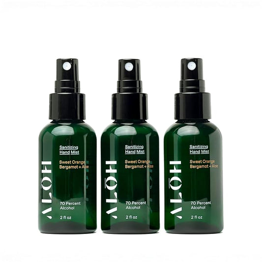 ALOH Hand Sanitizer Spray Liquid 3-pack | Sweet Orange Bergamot + Aloe | 70% Alcohol Hydrating Hand Sanitizer Spray with Essential Oil, for Kids & Adults | 2oz Travel Size Bottle (set of 3)