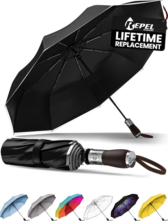 REPEL Windproof Travel Umbrella - Compact & Withstands Winds up to 85MPH , Strongest Premium Auto Folding Umbrella for Rain and Sun - Durable, Light & Portable for Women & Men , Fits Backpack & Cars