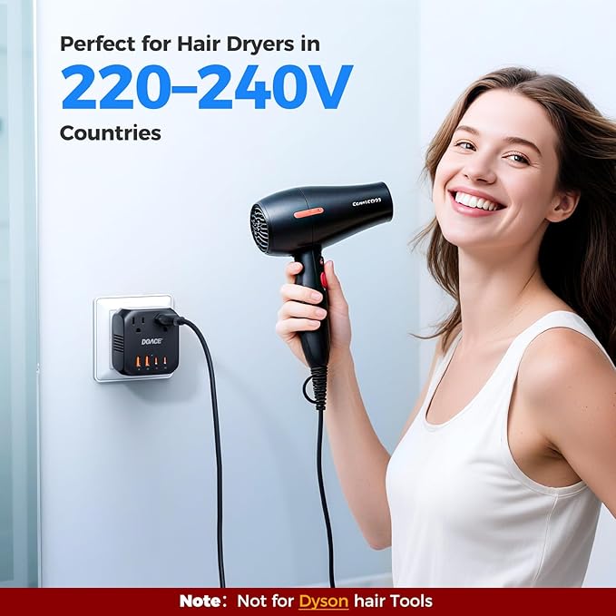 DOACE 2000W Voltage Converter US to Europe - 220V to 110V Converter for European Travel, Power Converter Adapter Combo with 2 PD/2 QC/EU/UK/AU/IT Travel Plugs for Hair Dryer Laptop, Camera, Cell Phone