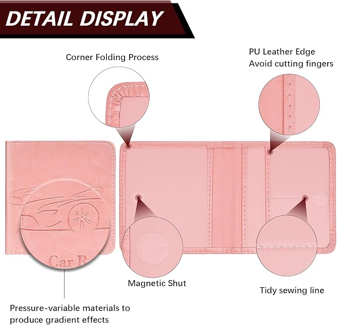 2-Pack Registration and Insurance Card Holder, Vehicle Glove Box Car Organizer with Magnetic Closure, Interior Pink Car Accessories for Documents, Cards, License Storage
