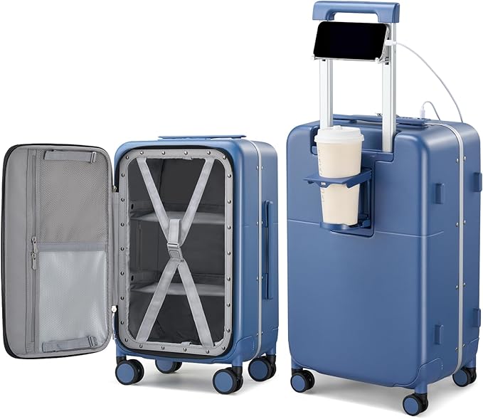 Hanke 28 Inch Luggage with Cup Holder and Charge,Top Opening Hard Shell Suitcases with Wheels and Dividers,Aluminum Frame Trunk Luggage Extra Large Suitcase with Lock for Travel,Interstellar Blue