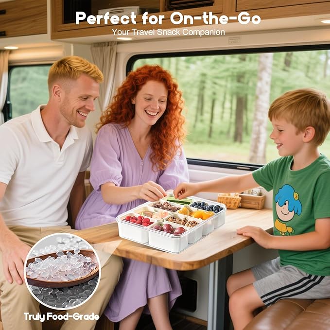 Snackle Box Container with Lid and Handle, Upgraded BPA-Free PP, Portable Divided Snack Tray for Travel, Picnic, Party, Camping, Beach, and Road Trips Large Size 11.8"x8.8" Clear and White