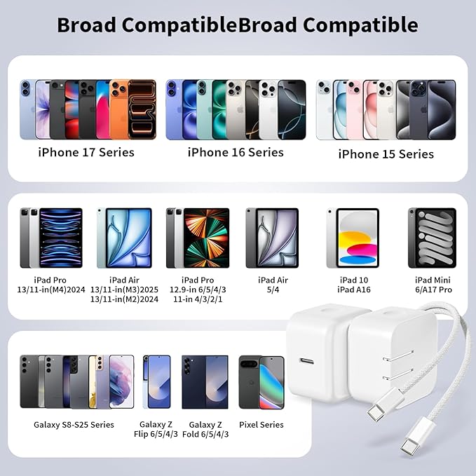 USB C Charger Block, 40W Dynamic Wall Charger with 60W Max, 2Pack Foldable Fast Type C Plug with 10FT Long USB C Charging Cable for iPhone 17 Pro Max/17 Pro/17/16/16 Pro Max/15 Pro Max/15,iPad Pro/Air