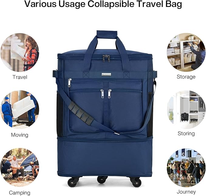 MILADA Expandable Luggage Bags for Travel Foldable Suitcase with Wheels Collapsible Rolling Travel Duffle Bag Lightweight Large Suitcases without Telescoping Handle, Blue