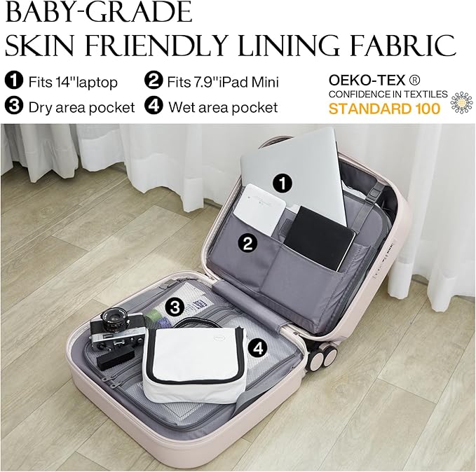 mixi Carry on Luggage, Suitcase with Spinner Wheels 16in Luggage Hardshell Lightweight Rolling Suitcases PC with Cover & TSA Lock, Off White（Slight Pink）