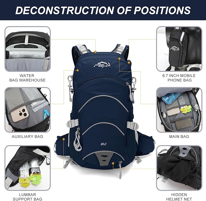 Hydration Pack,20L Hydration Backpack, Hiking Internal Frame Backpacks with 2L Hydration Water Bladder and Rain Cover, for Cycling,camping, hunting,Ski, Snow for Men, Women (dark blue)
