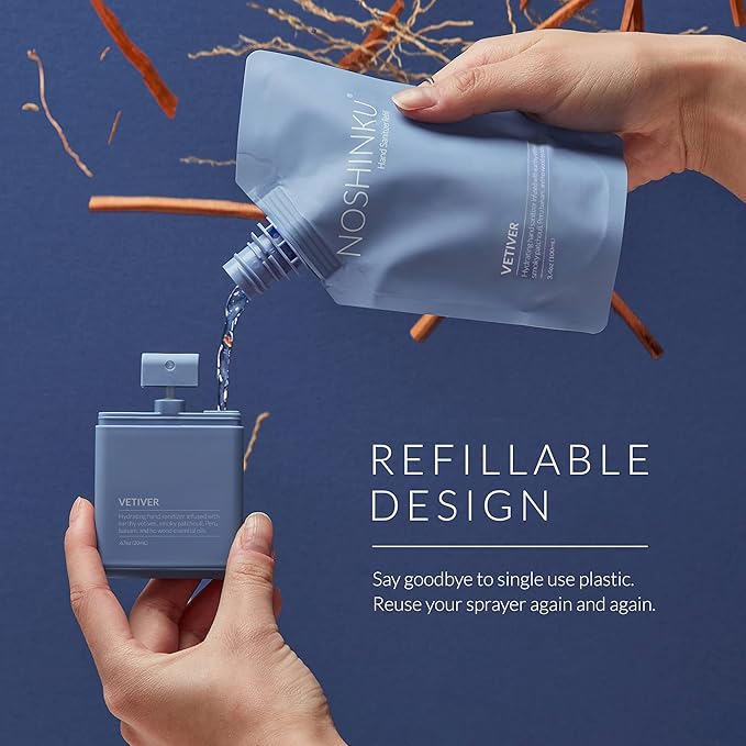 Noshinku - Refillable Hand Sanitizer Vetiver 3-Pack, Travel Size Spray with Hydrating Botanical Oils, Natural Ingredients, All Natural Fragrances, Sugarcane Derived Alcohol, No Parabens, No Dyes