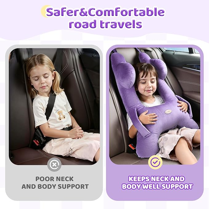 FLORICH Kids Travel Pillow, Car Sleeping Travel Pillow for Kids, Washable H-Shaped Pillow for Adults and Children to Support Head and Body for Road Trips Pillow for Car (Purple)