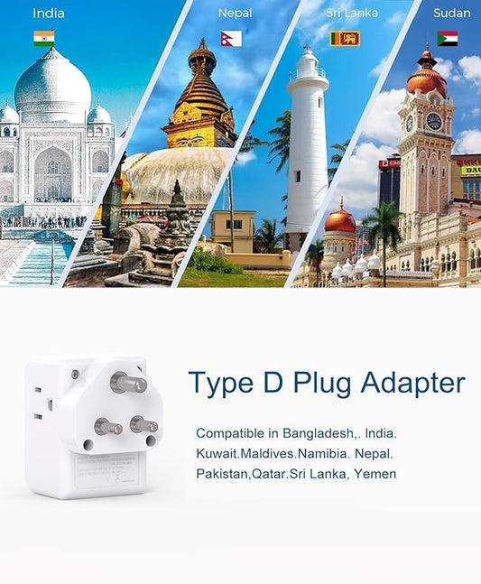 2 Pack India Power Adapter, One Beat Type D Plug Adapter with 3 American Outlets 3 USB Ports(1USB C), 6 in 1 India Travel Plug Adapter for US to India, Bangladesh, Kuwait, Maldives