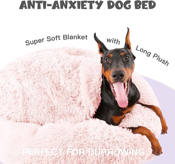 Himax Dog Beds for Large Dogs, Comfort Dogs Bed with Blanket Attached, Calming Anti-Anxiety Fluffy Dog Bed Washable (20"/26"/35") Pink