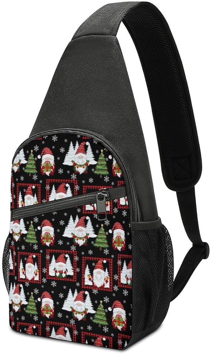 SWEET TANG Fashion Sling Backpack for Men Women, Lightweight Sling Shoulder Bag, Outdoor Chest Crossbody Bike Gym Runner Daypack with Adjustable Strap, Red Gnomes Snow Christmas