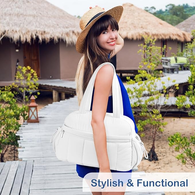 TOPDesign Travel Duffel Bag for Women, Puffer Gym Bag Sports Tote with Wet Pocket, Carry On Weekender with Luggage Sleeve (White)