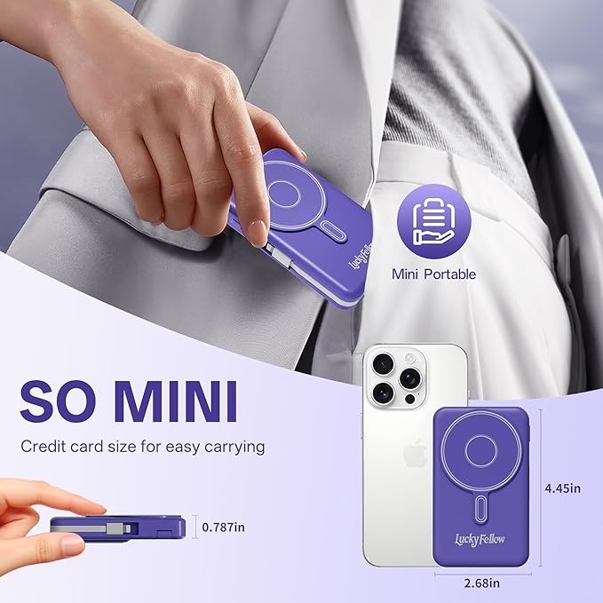 Magnetic Portable Charger Built-in Cables,10000mAh Fast Charging Wireless Charger Station External Battery Pack Slim Pocket Size Power Bank with Stand Compatible with iWatch, iPhone and Android Phones