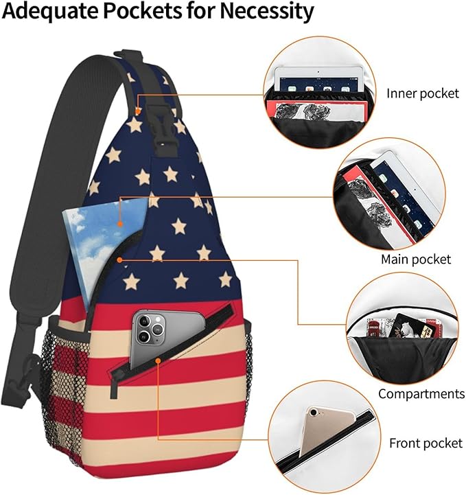 GJXFLSY Vintage America Flag Sling Backpack Crossbody Bag Casual Chest Bags Travel Hiking Daypack Shoulder Bag for Women Men