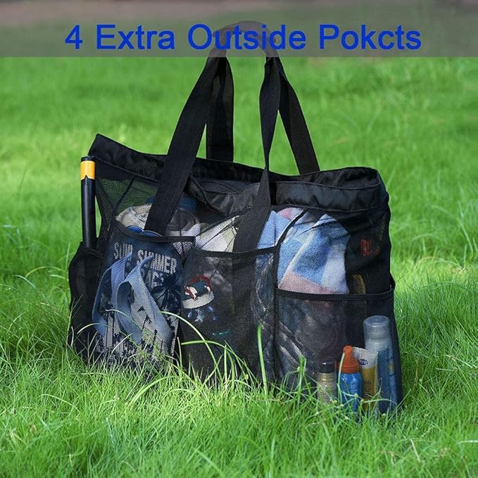 Extra Large Beach Bag Mesh Tote with Zipper and Pockets Ideal for Your Family Cruise/Beach Vacation Essentials