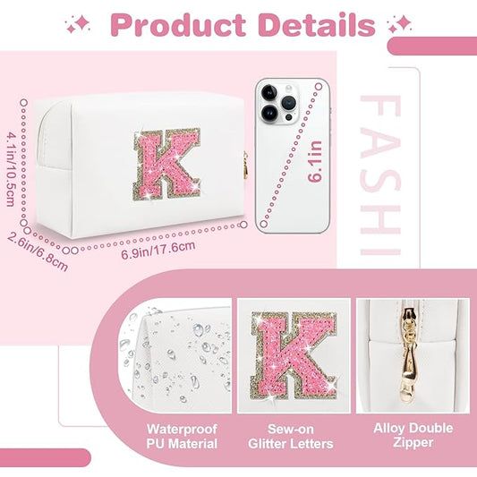 Small Initial Patch Makeup Bag Personalized Gifts Make Up Bag,White Cute PU Leather Glitter Letter Cosmetic Bag with Zipper,Trendy Portable Travel Toiletry Pouch,Preppy Stuff for Teen Girls Women K