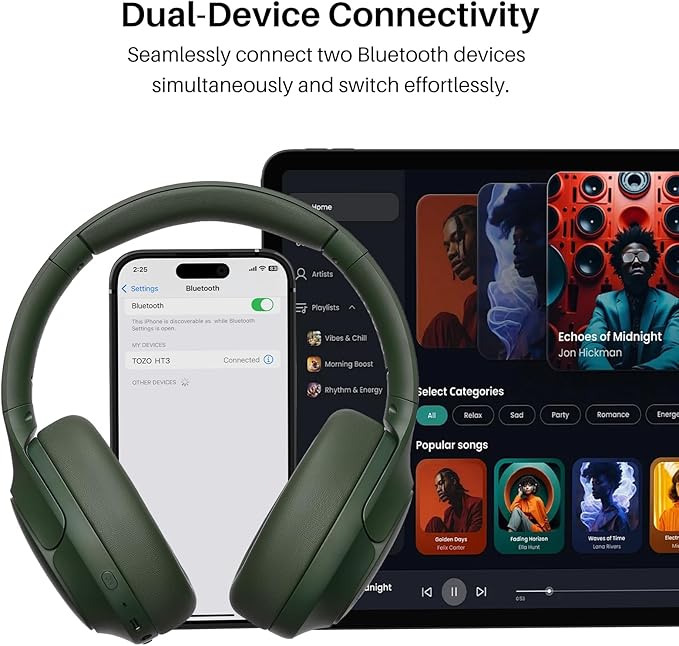 TOZO HT3 Hybrid Noise Cancelling Headphones, 90H Playtime Wireless Over Ear Bluetooth Headset, Spatial Audio AI Chat with 5 Mics, Supports Dual Connection and USB-C Input, with 32 EQ Music Modes