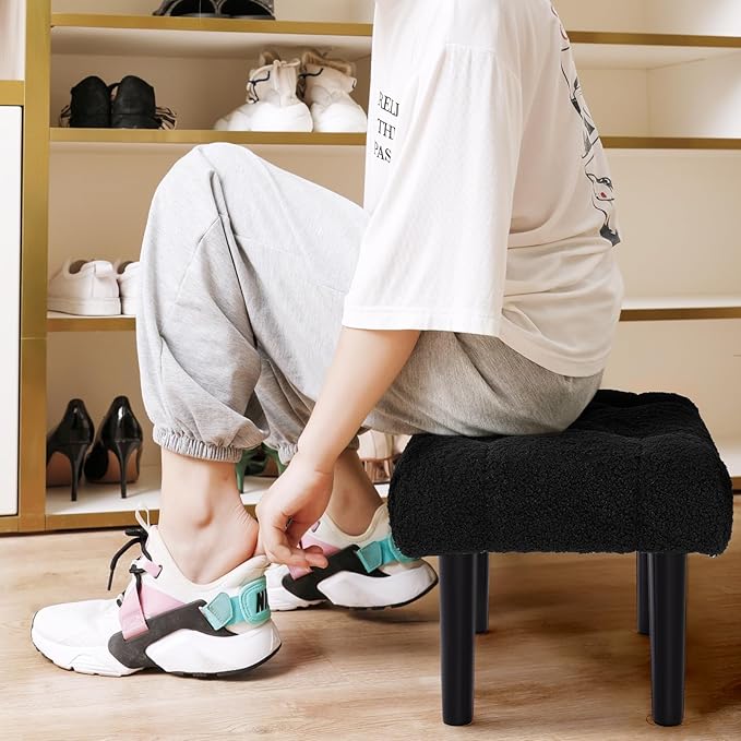 HOUCHICS Fur Padded Foot Stool, Small Ottoman Foot Rest with Wooden Legs,Modern Rectangle Chair Foot Rest Foot Step Stool for Living Room, Couch, Desk(Black)