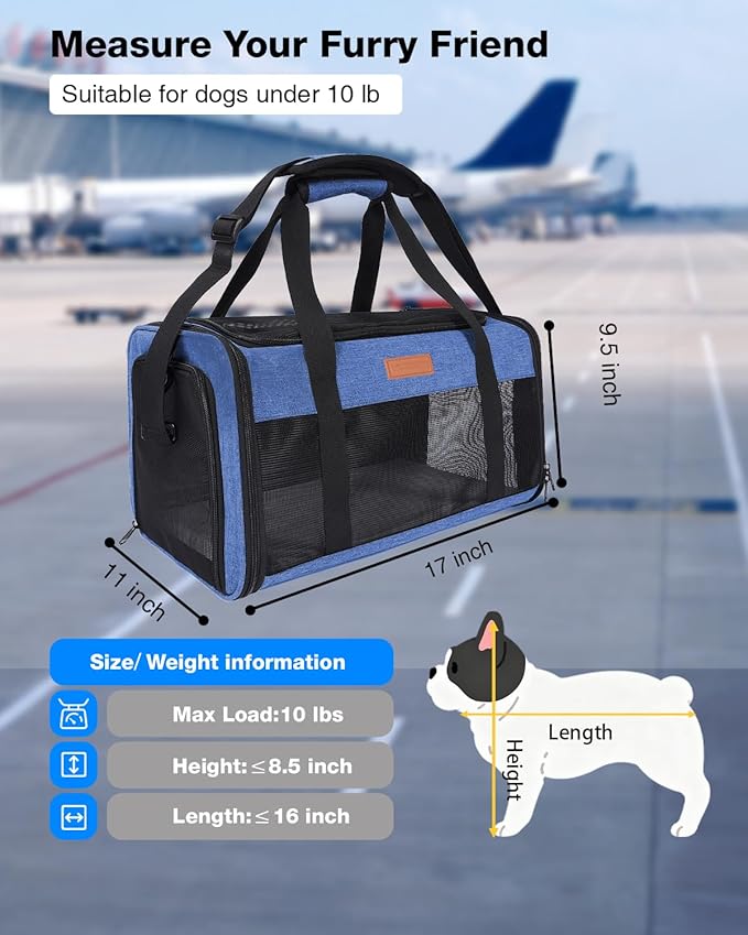 Dog Carrier Airline Approved - 17"×11"×9.5", Underseat, Under 10 lb, Top & Side Entry, Soft Sided Pet Carrier with Anti-Scratch Mesh for Small Dogs - Ideal for Travel and Vet Visit - Blue