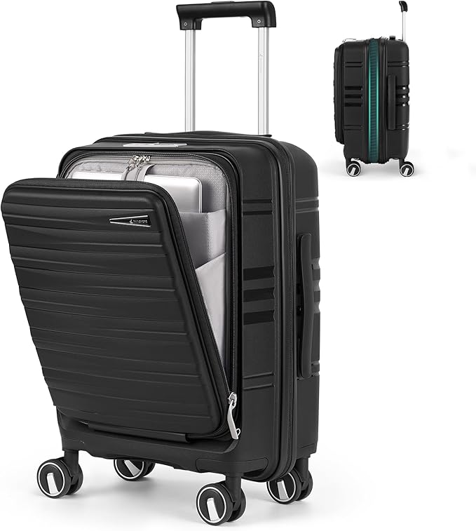 RAINSMORE Expandable Carry on Luggage 20 Inch, Airline Approved Carry on Suitcase with Front Pocket&Laptop Compartment, Hardshell Rolling Travel Luggage with Spinner Wheels,Black