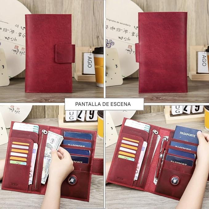 CONTACTS Full Grain Leather Family Passport Holder for 4 Womens Airtag Passport Wallet RFID Blocking Travel Passport Cover with 4 Passport Slot, 6 Card Slot (Red)