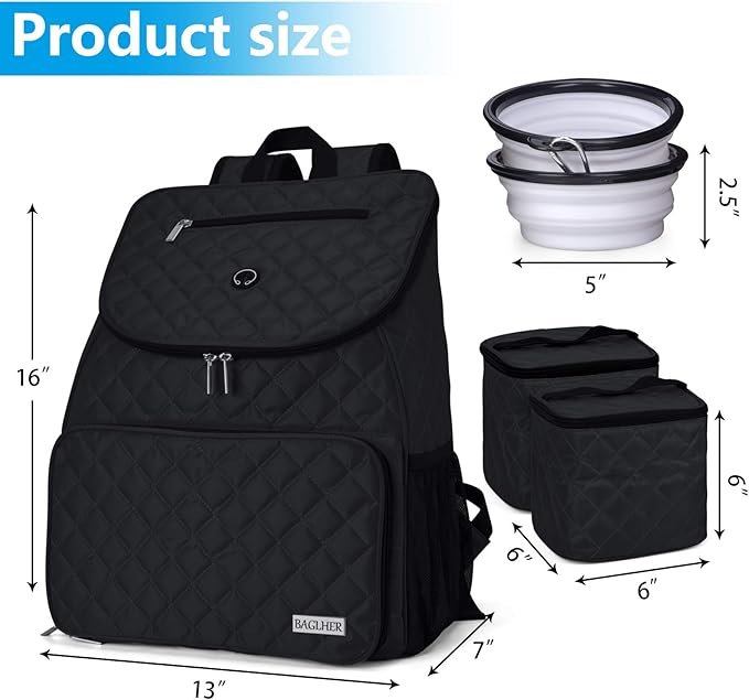BAGLHER Dog Travel Bag, Airline Approved Pet Supplies Backpack, Dog Travel Backpack with 2 Silicone Collapsible Bowls and 2 Food Baskets, Black