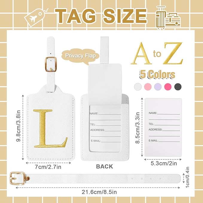 Personalized Initial Luggage Tags for Suitcase TSA Approved, White Leather Cute Luggage Tag with Privacy Cover Name Card, Embroidered Custom Luggage Tags Travel Baggage Tags Gifts for Women Kids(L)