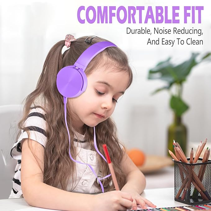 2 Pack Kids Headphones for School Classroom, Wired Computer Online Learning Headset for K-12 Students, Durable Soft Swivel On Ear Pads Earphones for Laptop PC Meetings Calls (Light blue+Purple)