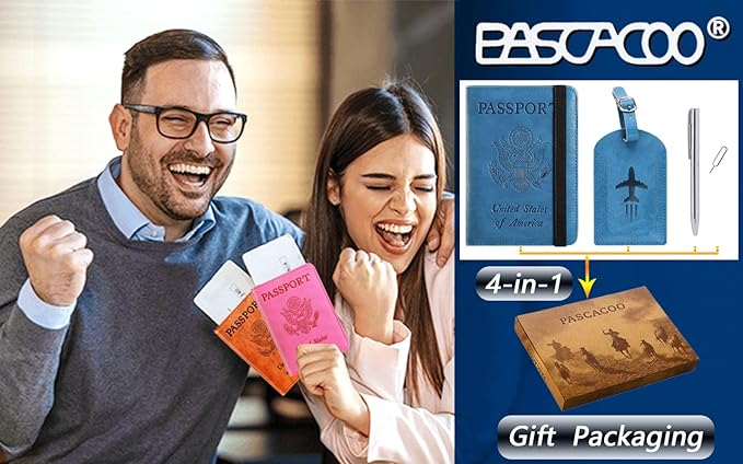 Passport Holder With Luggage Tag Travel Essentials Passport Cover Wallet RFID Blocking Leather Case International Must Haves Travel Accessories Women Men(115#Blue)