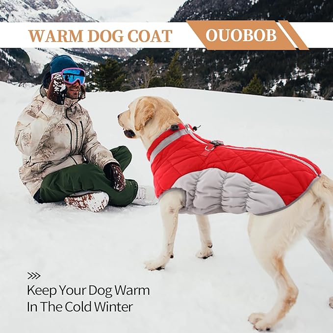 OUOBOB Dog Jackets for Medium Dogs,Medium Dog Coat,Warm Pet Winter Coat Zip Up Back,Waterproof Dogs Jacket with D-Ring,Pet Cold Weather Coats with Fleece Lined, Snowsuit Pug Boston Terrier,Red,M