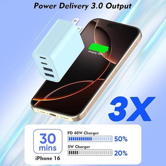 2 Pack 40W USB C Wall Charger,4-Ports Multiport PD Power Adapter & QC Wall Plug, Apple Fast Charging Block,iPhone USBC Charging Brick Compatible with iPhone 17/Air/17 Pro/16/16e/15/Pro Max/14/13(Blue)