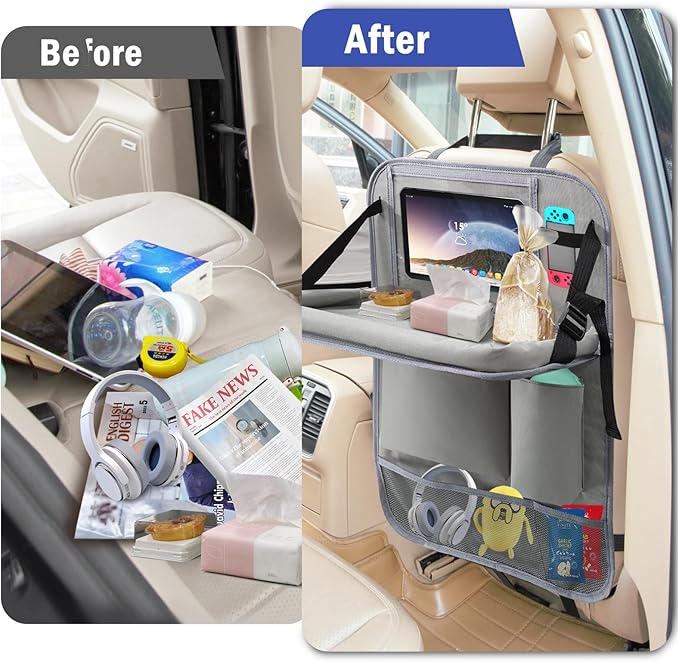 2Pack Car Backseat Organizer with Foldable Table Tray,6 Storage Pockets Car Storage Organizer with Tablet Holder,Car Seat Back Protectors Kick Mats Travel Accessories (Grey)