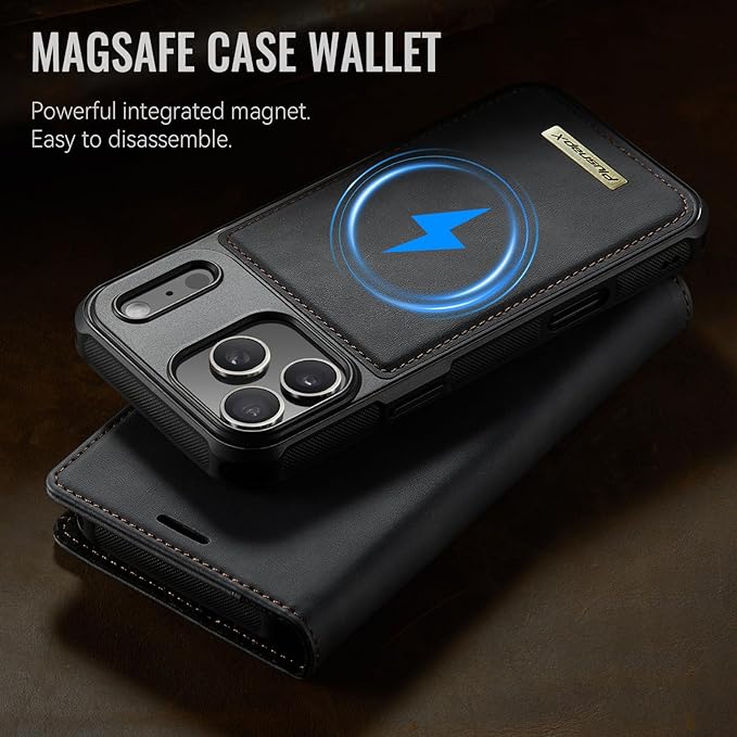 PlusnapX Wallet Case for iPhone 17 Pro Compatible with Magsafe, 2-in-1 PU Leather Flip RFID Blocking Card Holder Stand Shockproof Magnetic Detachable Cover for iPhone 17 Pro Case 6.3", Black
