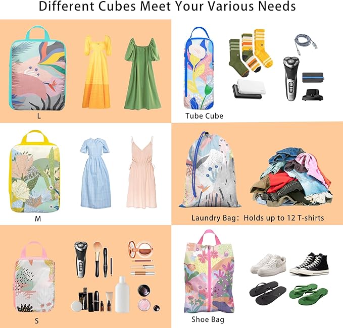 6 Pcs Compression Packing Cubes, Packing Cubes for Travel, Waterproof Luggage Organizer Bags Set, Cute Packaging Cubes for Women Kids Backpack Carry-Ons
